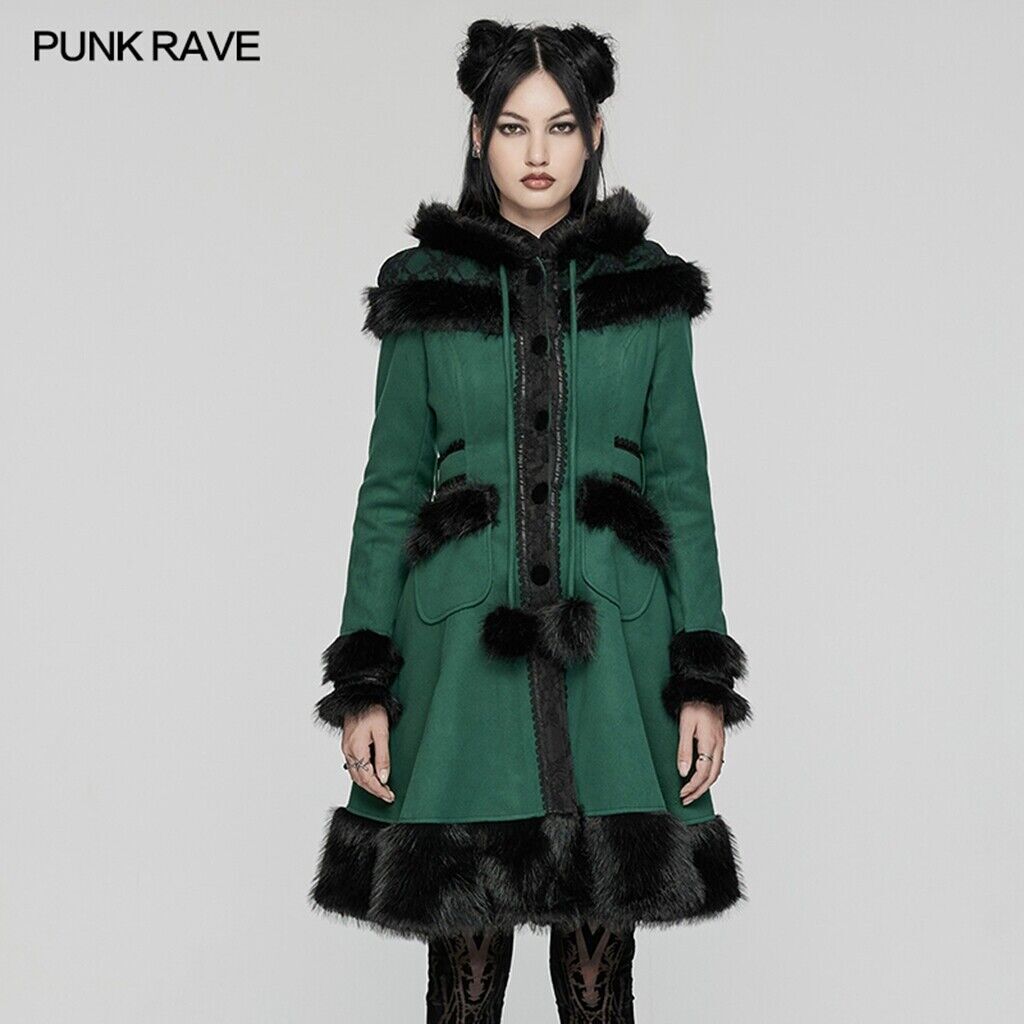 Punk Rave Women Lolita Black Green Medium Warm Long Coats Casual 