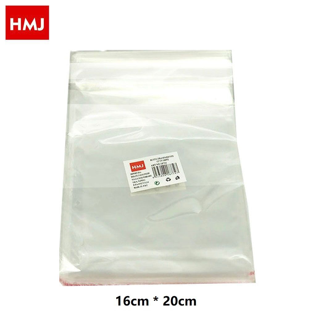 Set 100 Sacchetti Trasparenti Plastica Buste Cellophane Autoadesiva 16x20cm hmj