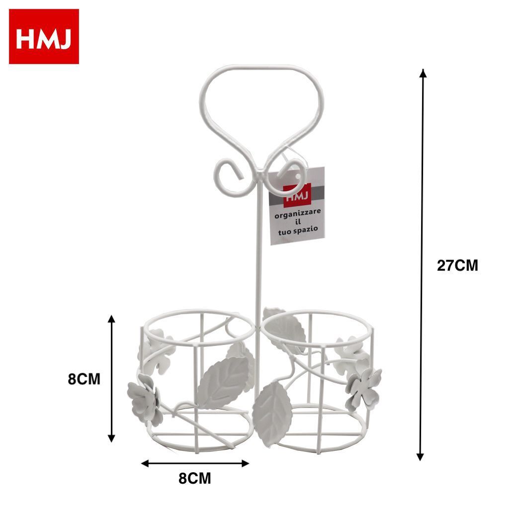 Portabicchieri Organizer a 2 Cilindri in Metallo Bianco Con Foglie Cucina hmj