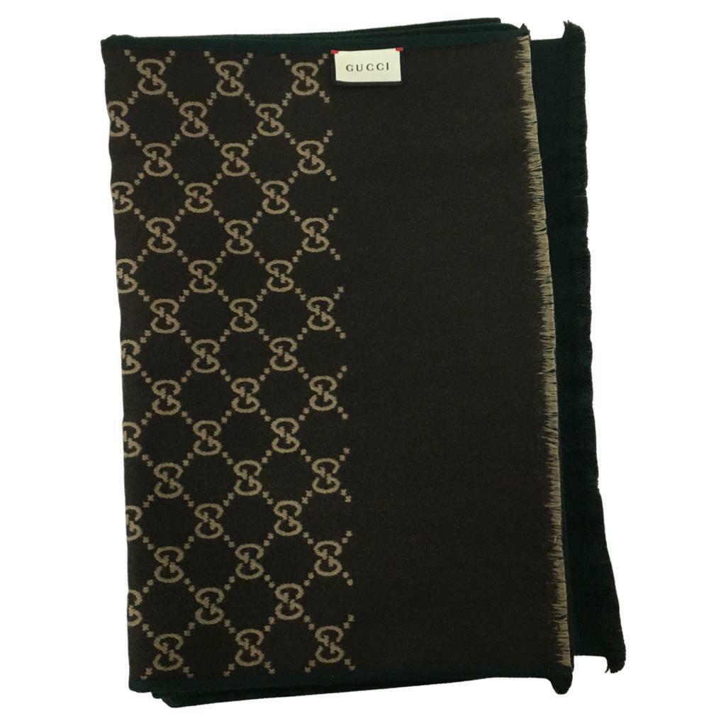 Pre-owned Gucci Men's Scarf Double Sided Green Other Side Brown Beige Monogram Gg Dm11 In Green/brown/beige