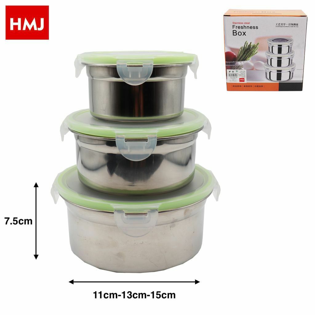 Set 3 Contenitori Porta Vivande In Acciaio Inox 11 13 15 cm hmj