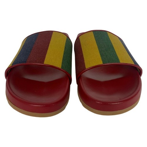 Pre-owned Gucci Men's Red Multi Baiadera Slides Sandals Canvas Stripes Sz 10
