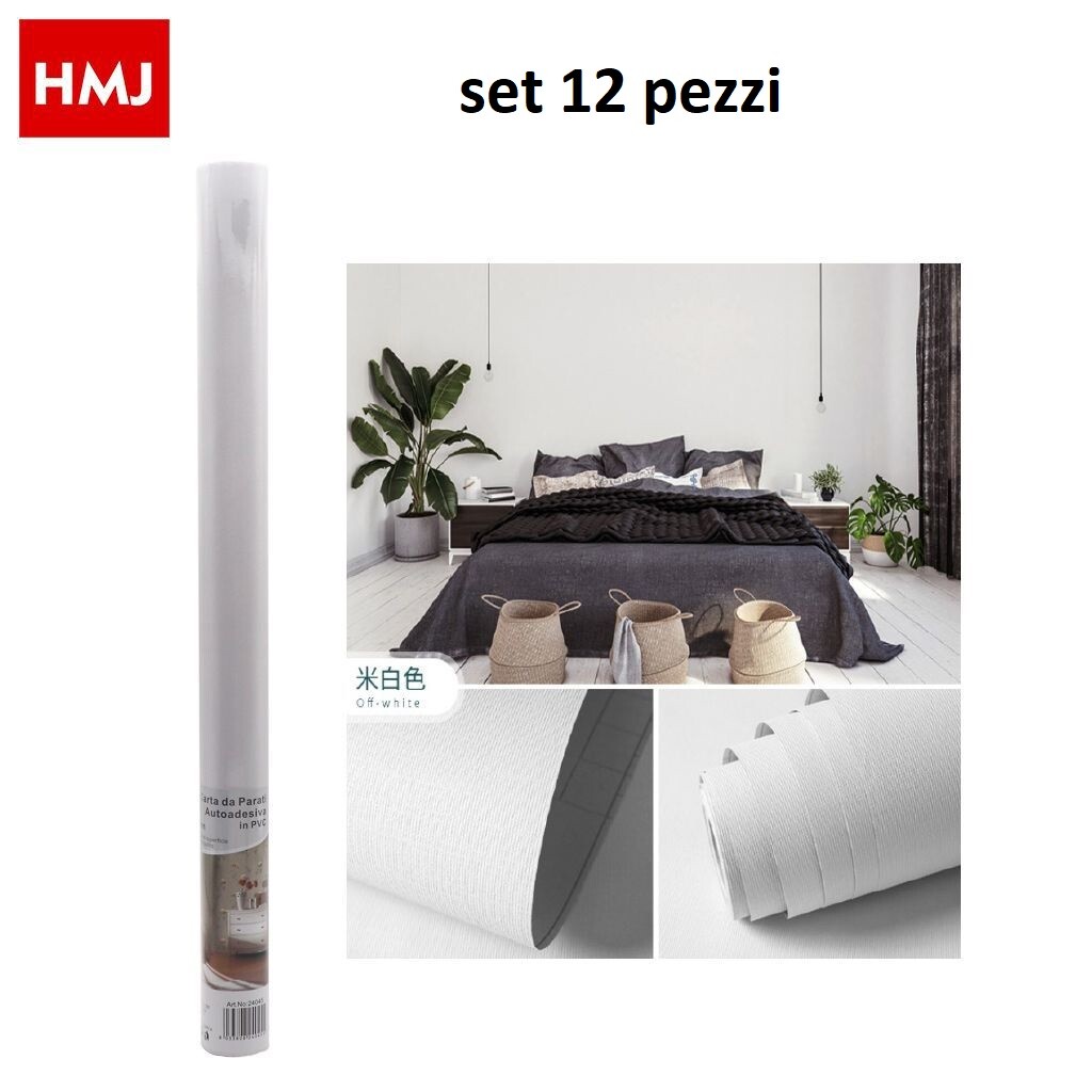 Set 12 Pezzi Rotolo Adesivo Per Muri Parete In Pvc 45cmx2mt Bianca 24045 hmj