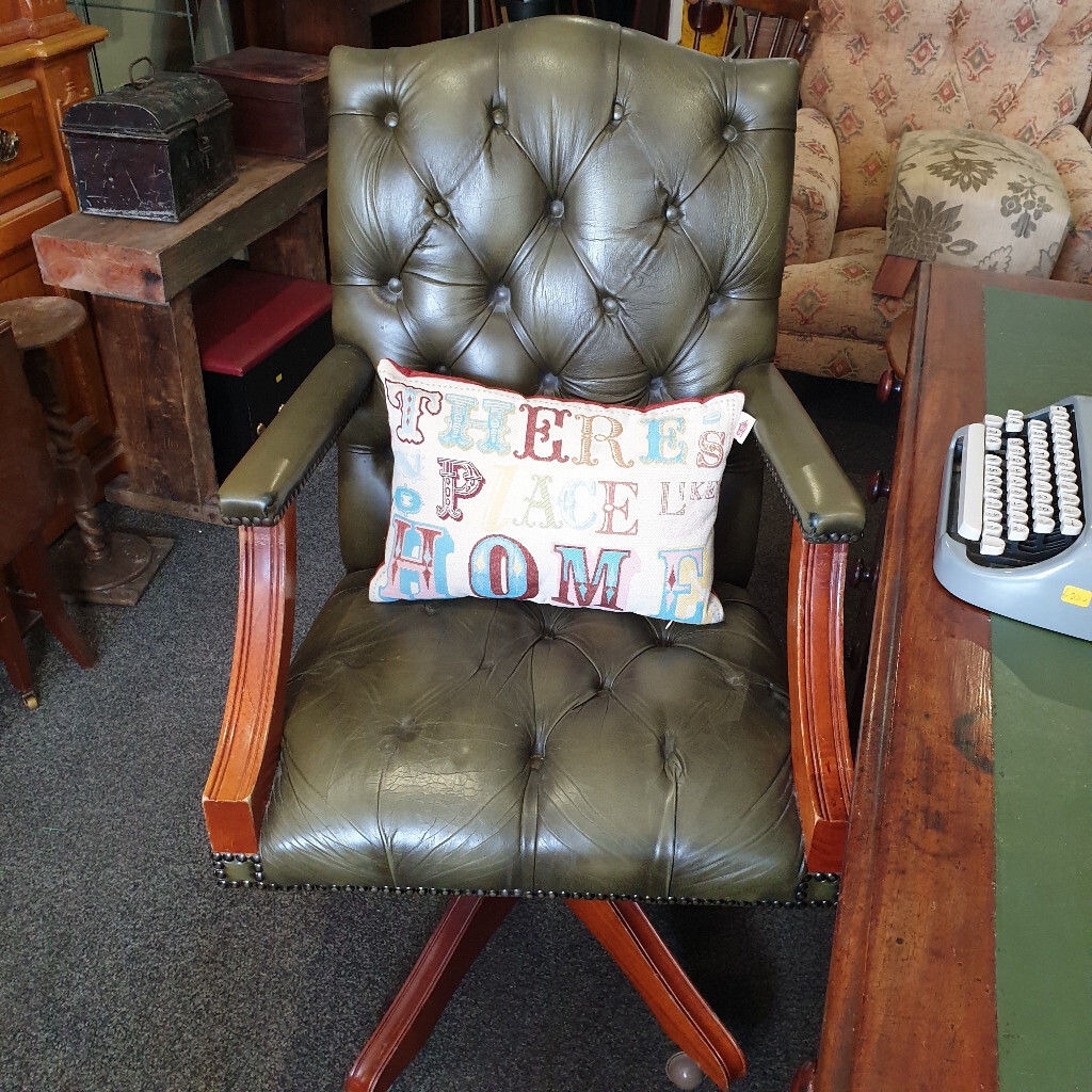 Fabulous Antique Green Leather Chesterfield Directors Captains Swivel Office Chair in