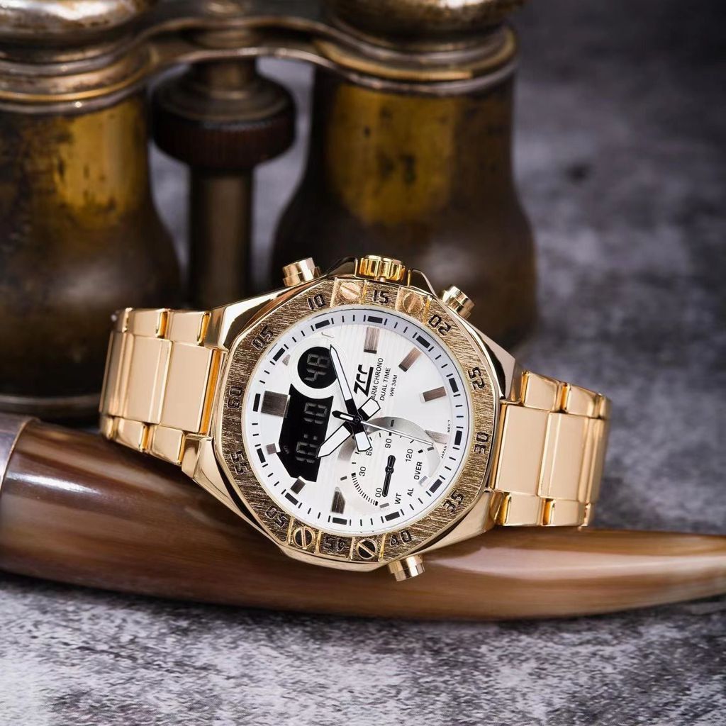 Orologio Polso ZCC 201 Uomo Quarzo Acciaio Dual Time Dorato Bianco lac
