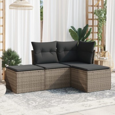 vidaXL 4 Piece Garden Sofa Set with Cushions Grey Poly Rattan