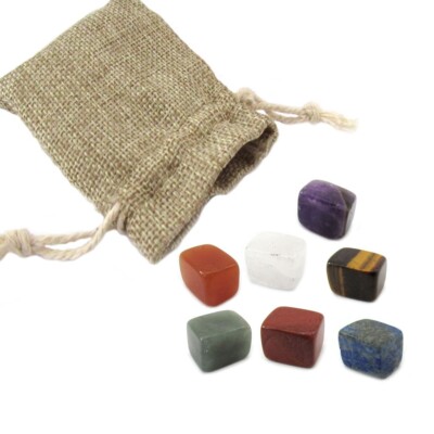 Mini Chakra Stone Set w/ Burlap Bag - 7 Polished Crystals w Info Card and Pouch