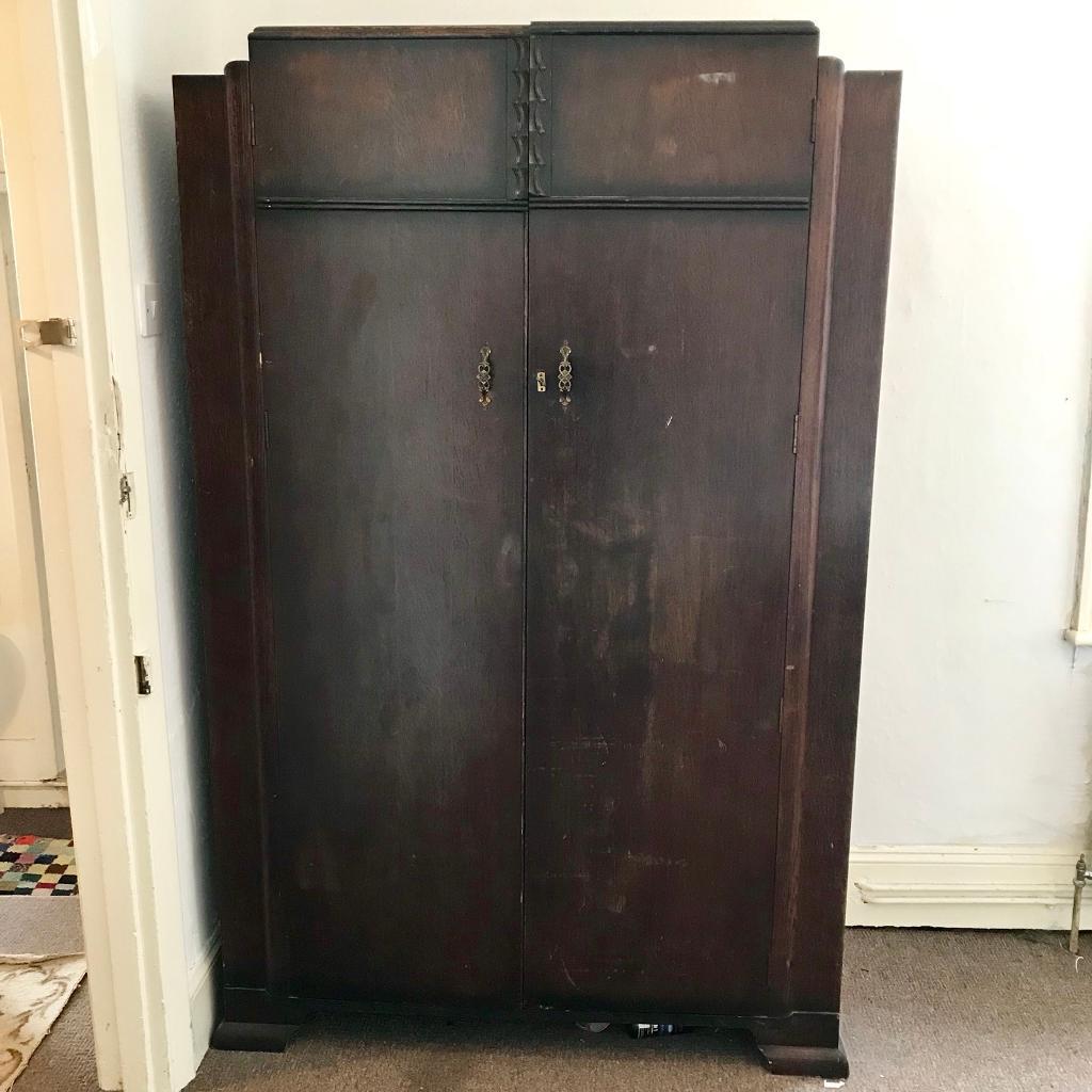 Vintage Wardrobe Double Wardrobe Dark Wood Mirror Inside In