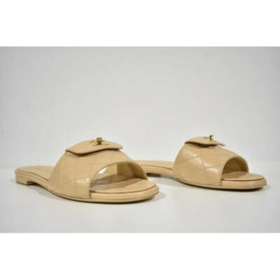 Pre-owned Chanel Rev Beige Turnlock Quilted Gold Cc Logo Mules Slide Sandal Flop Flat 40.5
