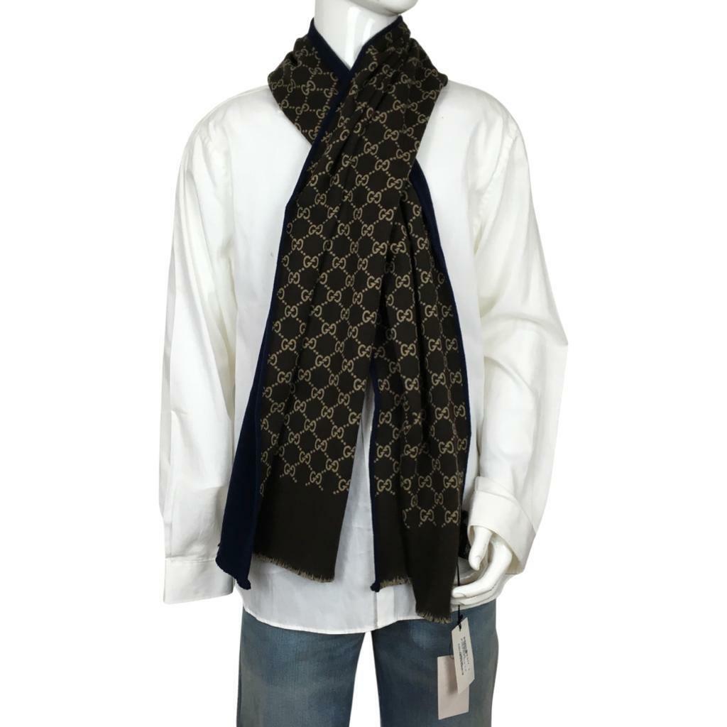 Pre-owned Gucci Men's Scarf Double Sided Blue Other Side Brown Beige Monogram Gg Dm14