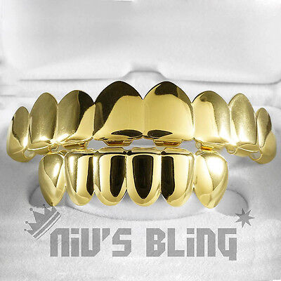 18K Gold Plated STAINLESS STEEL GRILLZ 8 Tooth Top & Bottom Hip Hop mouth Grill