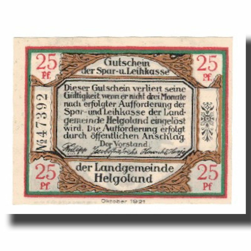 [#668896] Billet, Allemagne, Helgoland Spar & Leihkasse Der Landgemeinde, 25 Pfe