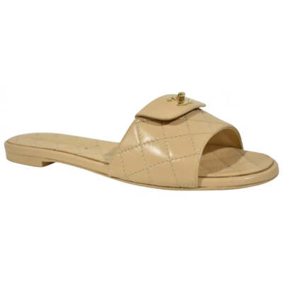 Pre-owned Chanel Rev Beige Turnlock Quilted Gold Cc Logo Mules Slide Sandal Flop Flat 39