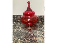 Vintage Glass Empoli red Bob bon Jat Pedestal Dish with lid
