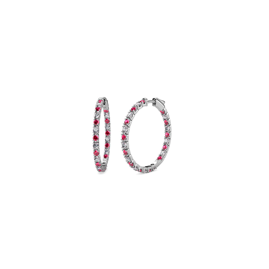 Pre-owned Trijewels Ruby & Diamond Inside-out Women Hoop Earrings 0.92 Ctw In 14k Gold Jp:36985 In H-i