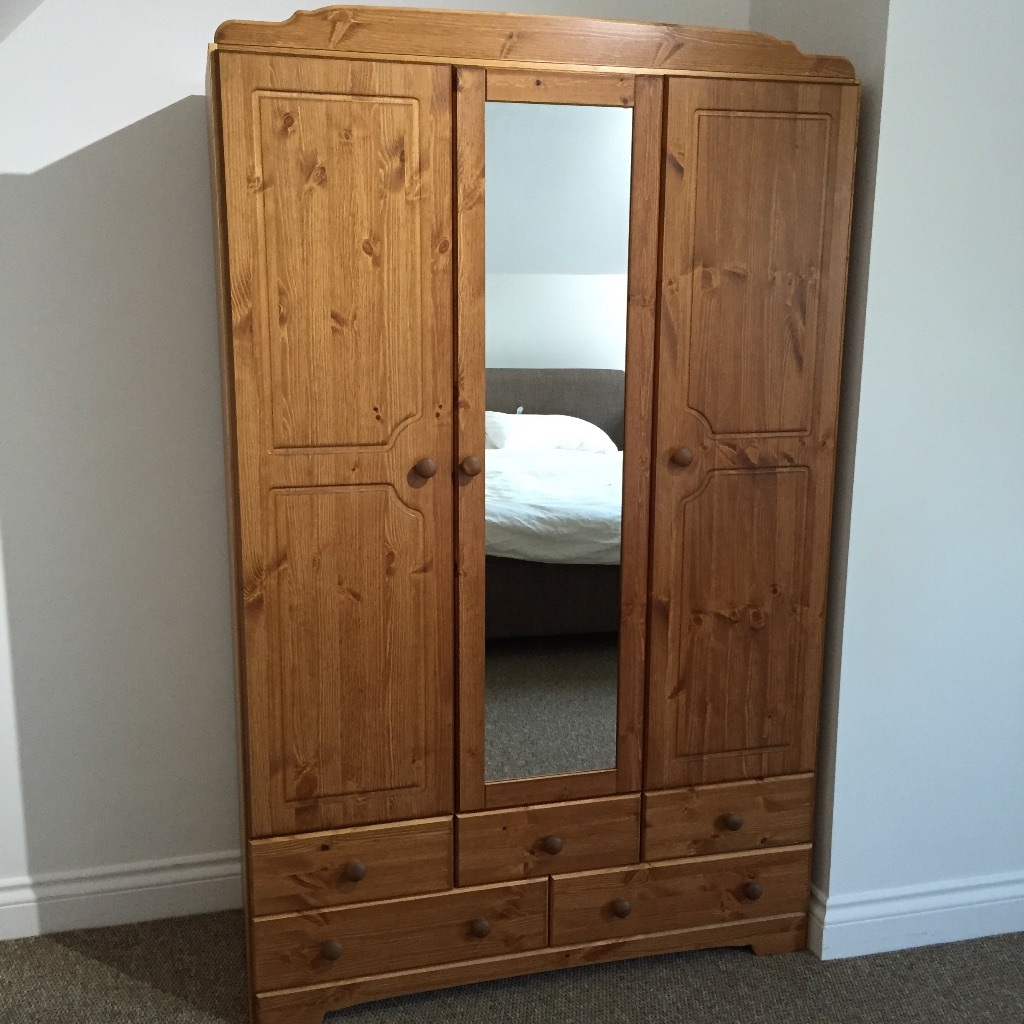 Wardrobe 3 Door 5 Drawer Mirrored Pine in Hassocks, West Sussex