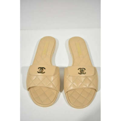 Pre-owned Chanel Rev Beige Turnlock Quilted Gold Cc Logo Mules Slide Sandal Flop Flat 39