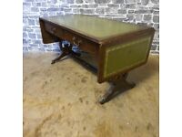 Green Leather Top Drop Leaf Coffee Table on Castors