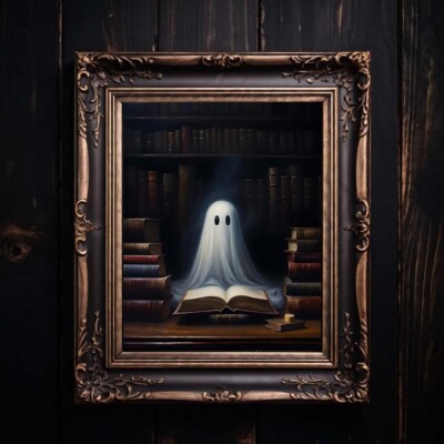 Cute Ghost in Library reading Photo Print, Gothic Halloween Decor Wall art 8x10