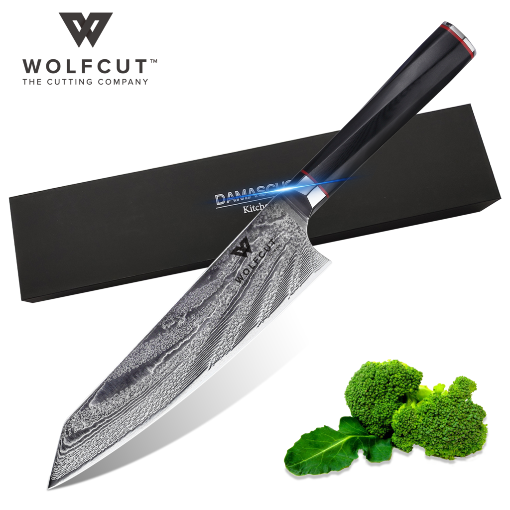 WolfCut Damascus Chefmesser 20 cm 73 Lagigen japanischer Damaszener Stahl 