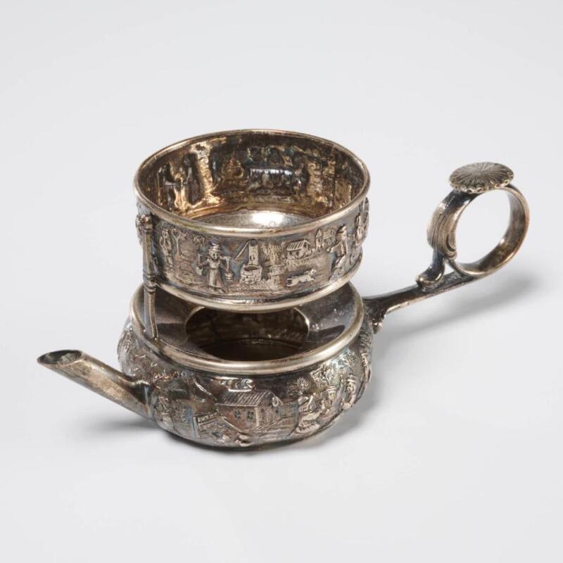 Gebruder Dingeldein German 800 Silver Repousse Tea Strainer with Drip Bowl