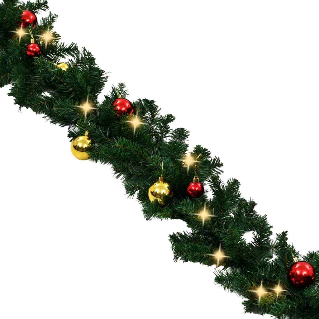 Christmas Garland with Baubles and LED Lights Green 16.4' PVC Holiday