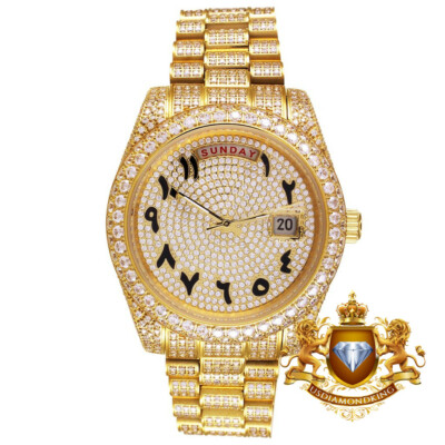 Pre-owned Usdiamondking Solid Steel Arabic Dial 18k Yellow Gold Tone Simulated Diamond Luxury Watch 41mm