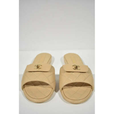 Pre-owned Chanel Rev Beige Turnlock Quilted Gold Cc Logo Mules Slide Sandal Flop Flat 40.5