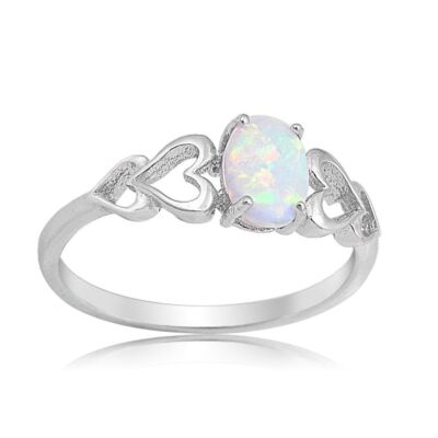 Women Opal Love Heart Cutout Promise Ring 925 Sterling Silver Jewelry Size 6~10