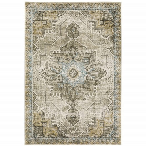 Устойчивый к пятнам коврик Oriental Power Loom размером 6 X 9 Дюймов, Серый, Синий, Бежевый и Золотой