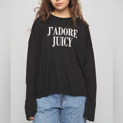 Juicy Couture J Adore Juicy Plastisol Bell Sleeve Sweater top Black Size L