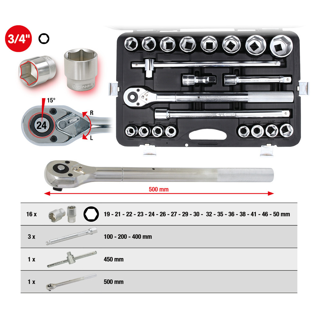 KS Tools 3/4" Sechskant-Stecknuss Kurz, 24 Mm – Chrom-Vanadium, Matt Satiniert