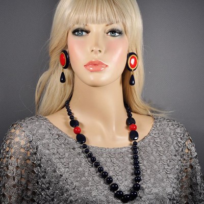 Vtg. Huge Lucite Clip Earrings 1980s Matching Necklace Navy Red Tag Signed