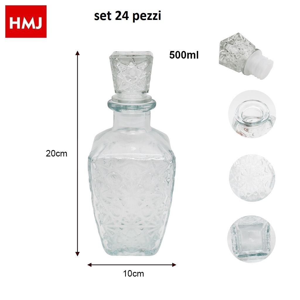 Set 24 Pezzi Bottiglia Decorata Vetro Liquori Bevande Quadrata 500ml hmj