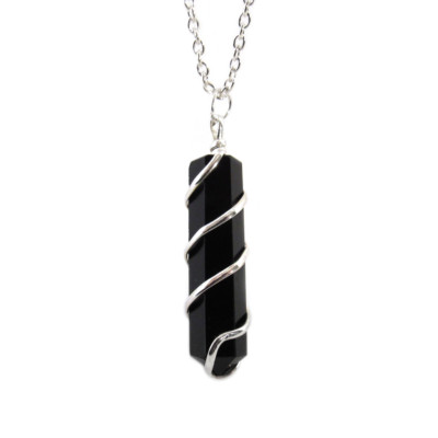 Wire-Wrapped Black Obsidian Pendant w/ 22'' Chain NEW Crystal Necklace