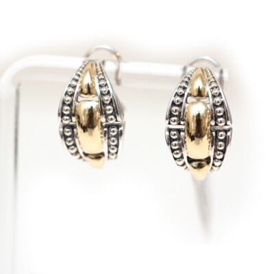 New LAGOS Two Tone High Bar Caviar Leverback Earrings Silver and 18K Yellow Gold