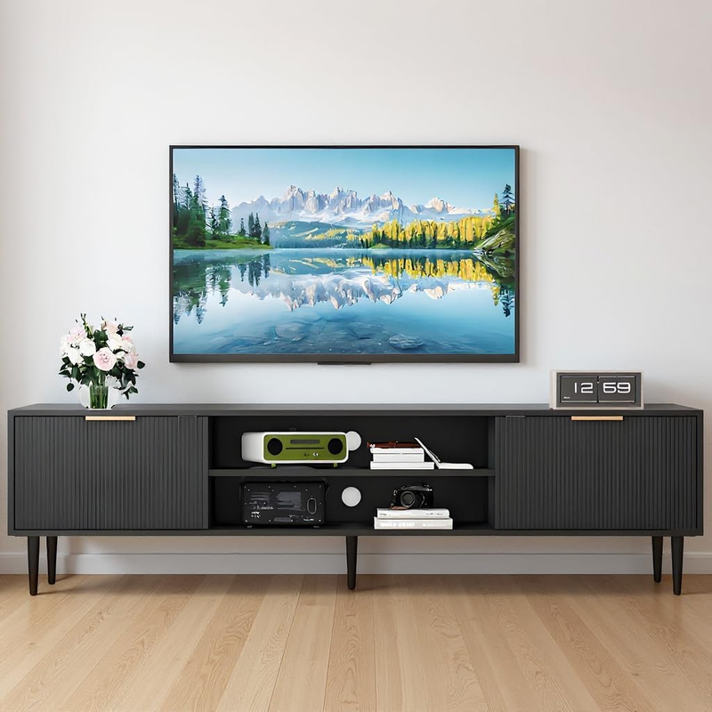 Black TV Stand, Modern TV Consoles for Living Room 75 Inch Tvs, Fluted Panel Media Console, with Metal Handle and Adjustable Hinge, Entertainment Stand with 2 Storage Cabinets, Office Furniture