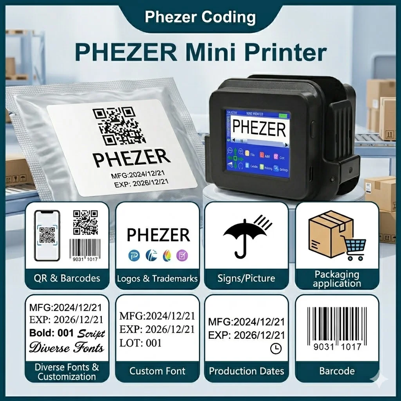 Black PC13Plus Mini Printer 28 Languages 12.7mm Portable Printer QR Bar Code Dat
