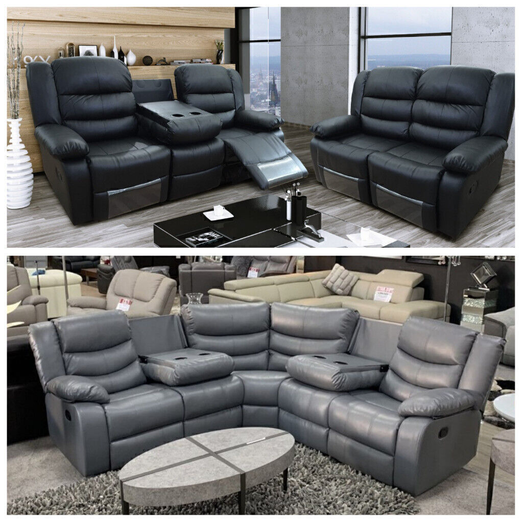 Grey Corner Recliner Sofa With Cup Holders