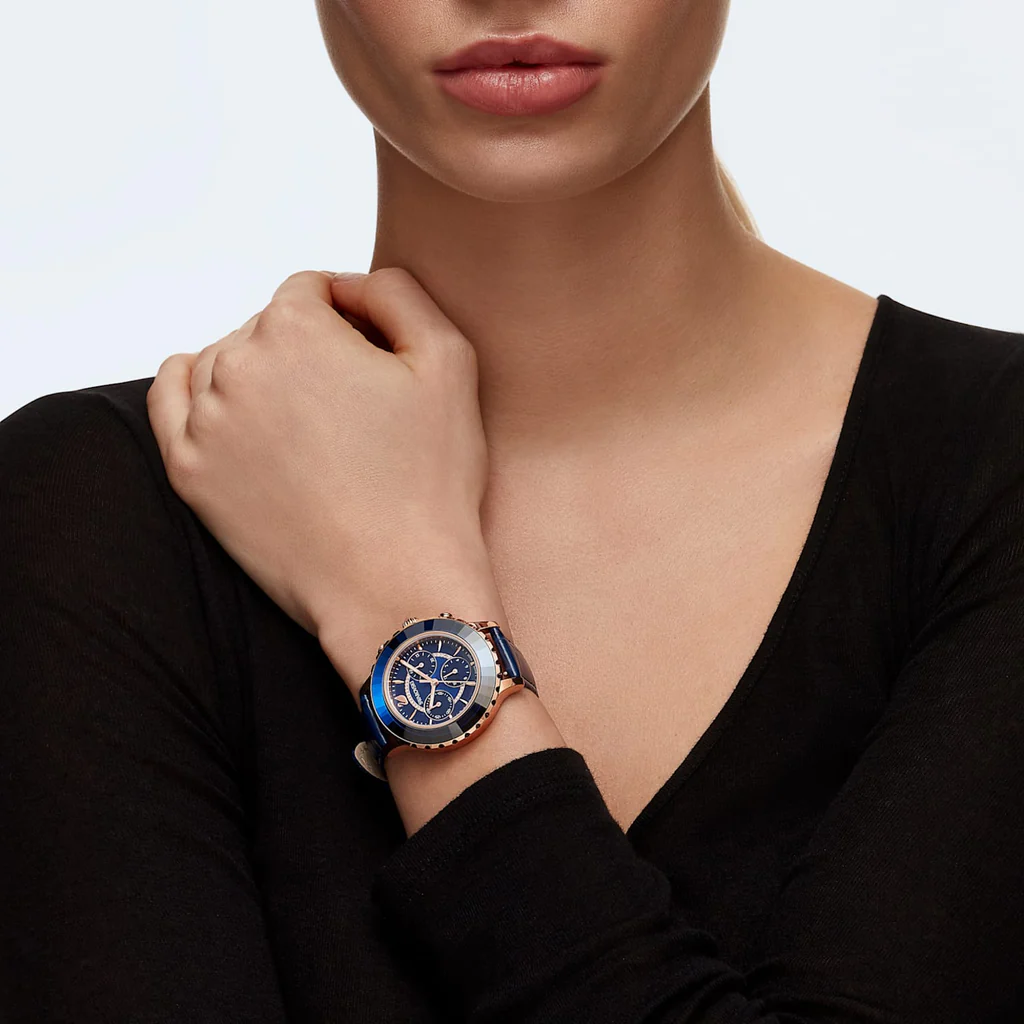 Pre-owned Swarovski Authentic  Octea Lux Watch With Blue Leather Strap
