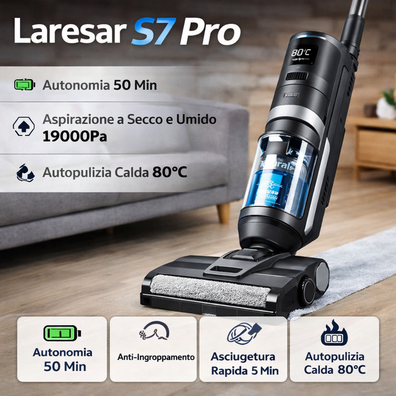 Aspirapolvere Lavapavimenti S7 Pro 19000Pa 50Min Autonomia Lavaggio 80°C Scopa