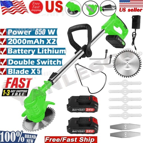24V Electric Weed Lawn Wacker Edger Cordless Grass String Trimmer W/ 2 Batteries