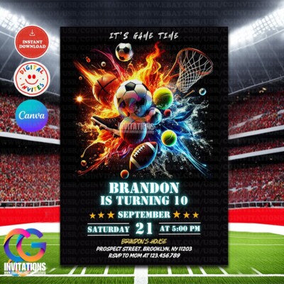 EDITABLE Sports Birthday Party Invitation, Digital Kids Sports Party Invite