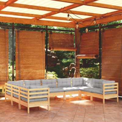 vidaXL 9 Piece Garden Lounge Set with Grey Cushions Pinewood