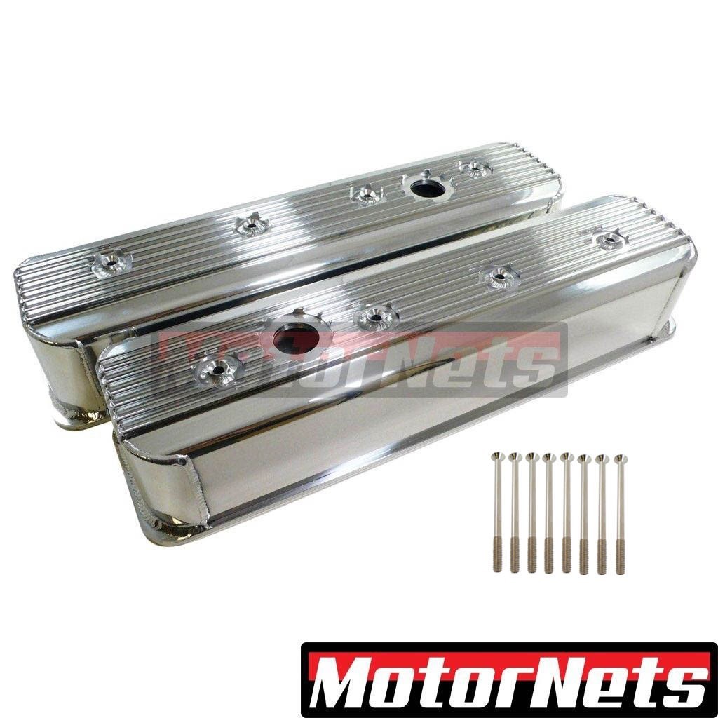 SBC Finned Polish Aluminum CenterBolt Tall Valve Cover 305 350 Small block Chevy
