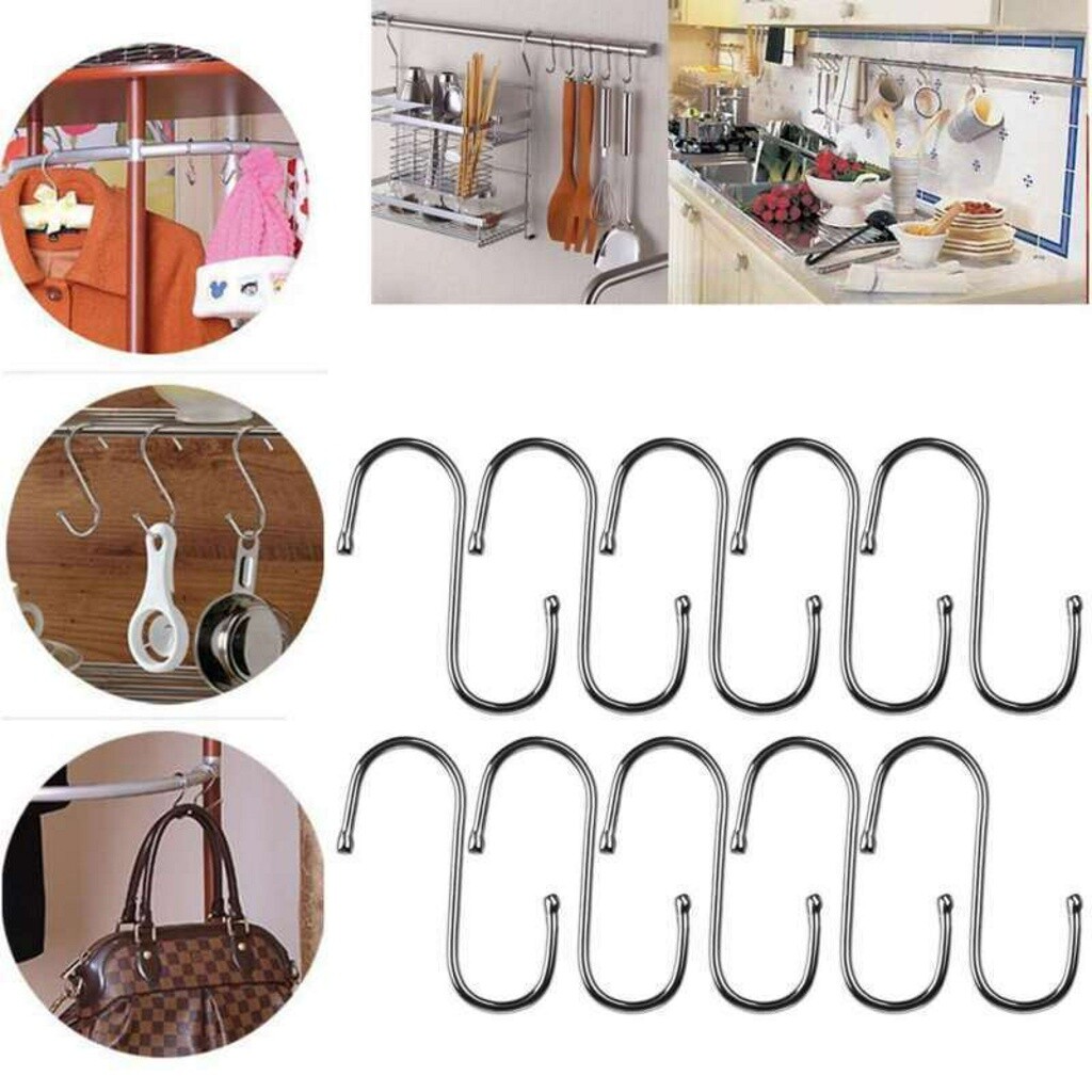 10 Pcs S Shape Shower Curtain Rings Hooks Stainless Steel Utensil