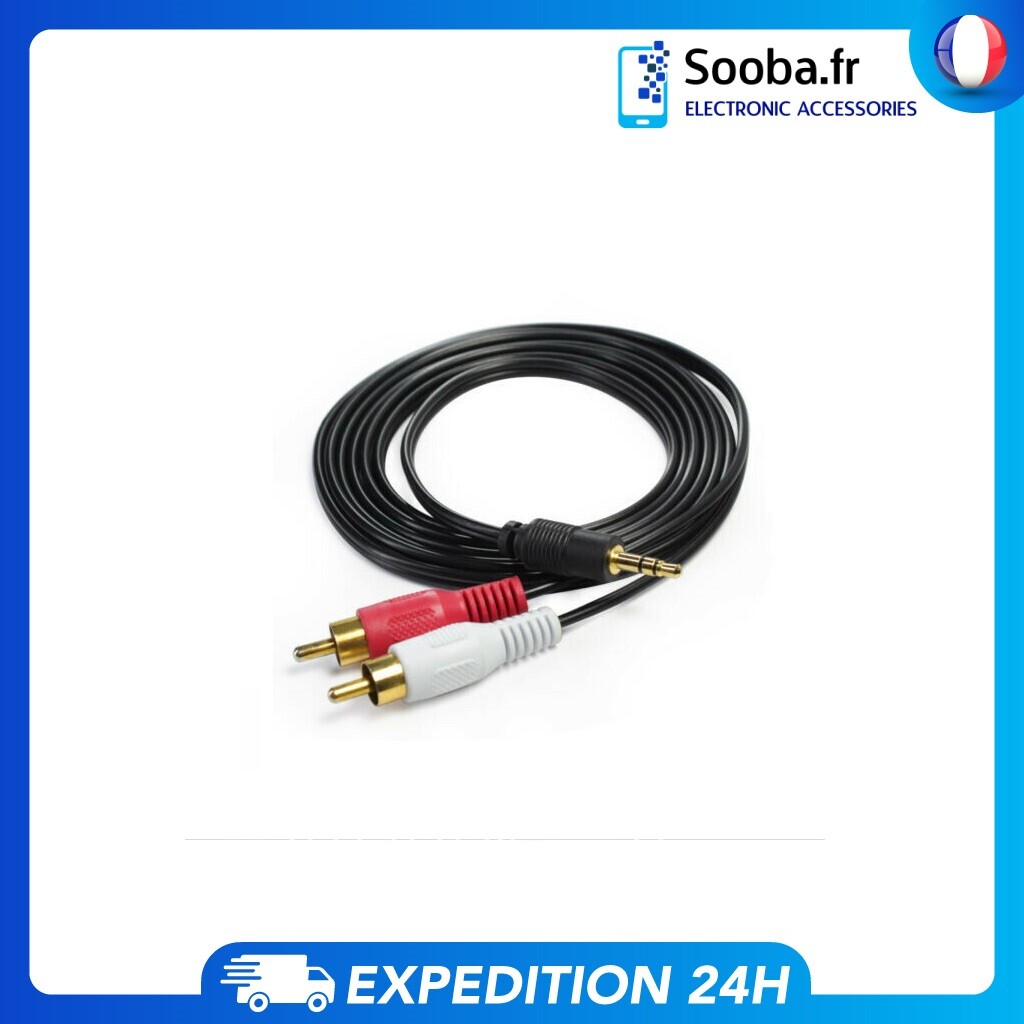 Câble adaptateur audio jack 3,5 mm stéréo mâle vers 2x rca mâles 1m Noir