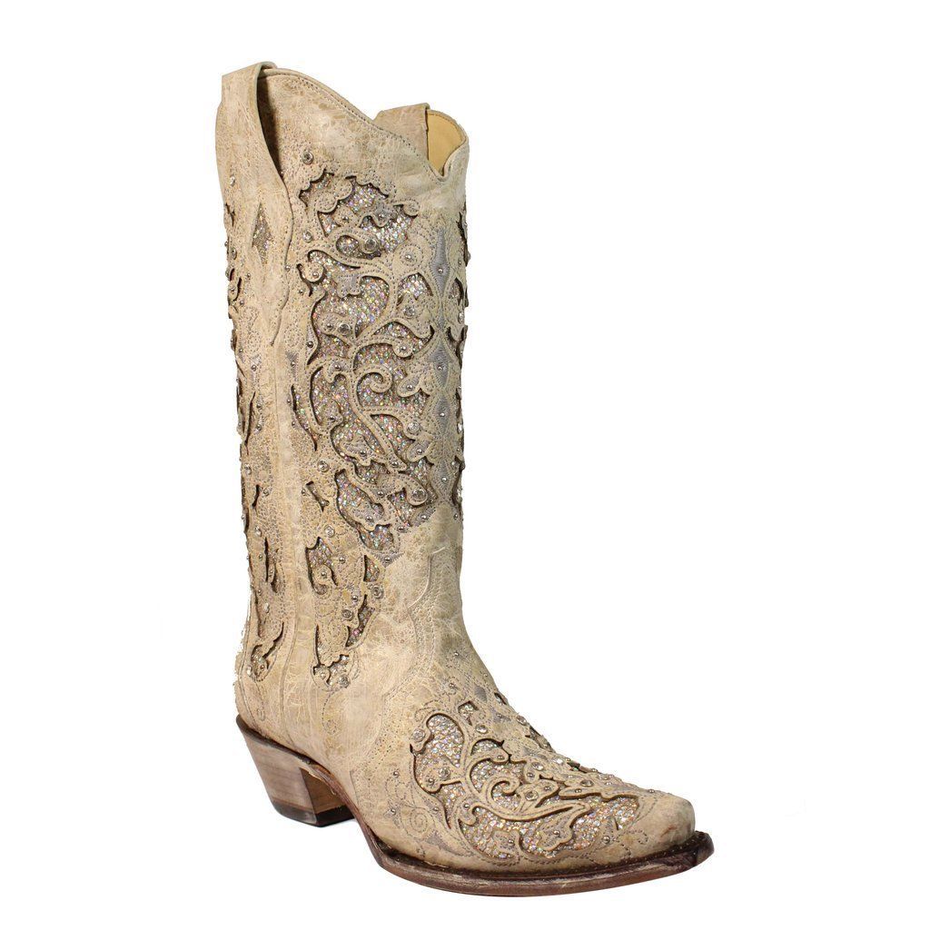 Pre-owned Corral Boots Corral Womens Leather White Glitter Inlay Crystal Wedding Boots A3322 Size