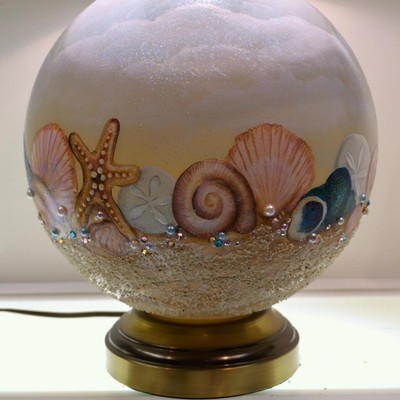 Fenton LAMP TABLE Cameo Satin BALL 21.5 IN SHORELINE SHELLS OOAK - FREEusaSHIP