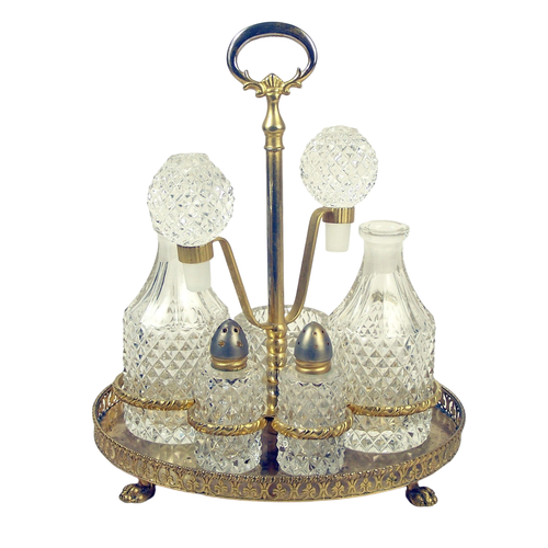 Vintage 5 Piece Cut Crystal Cruet Set w/ Gilt Brass Paw Footed Stand